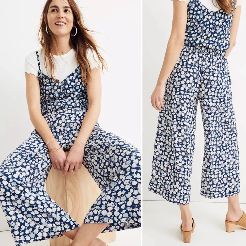 Madewell Huston Pull On Crop Pants French Floral Wide Leg Blue XL K9969